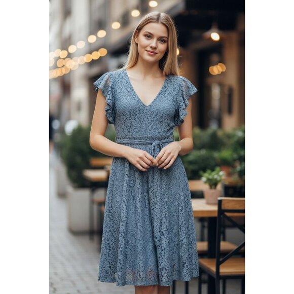 NEW Boohoo Womens 4 Lace Plunge Midi Dress Ruffle Sleeve Skater Teal Blue Party - Picture 1 of 9